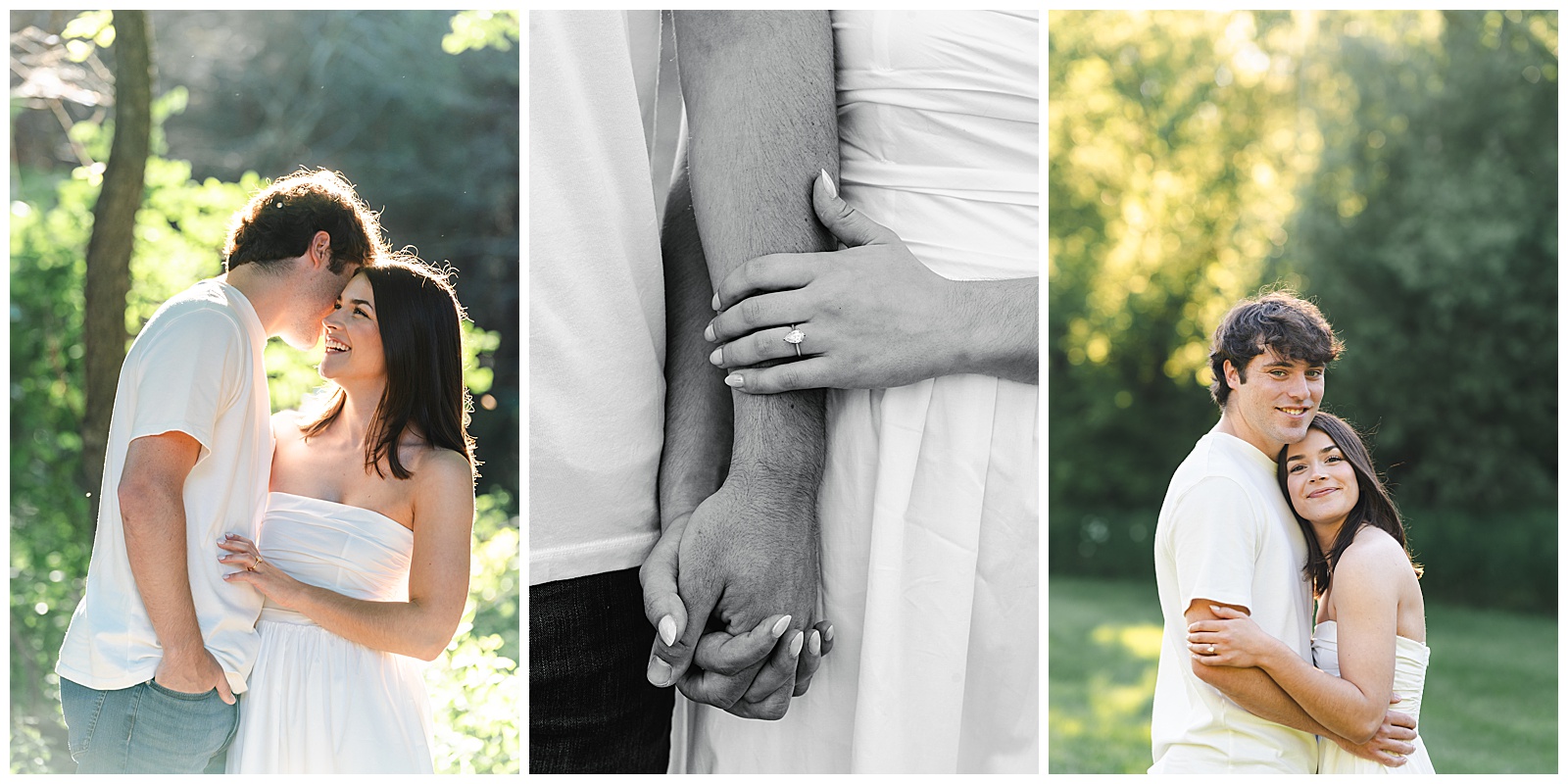 Close up black and white photo of couple holding hands with engagement ring visible