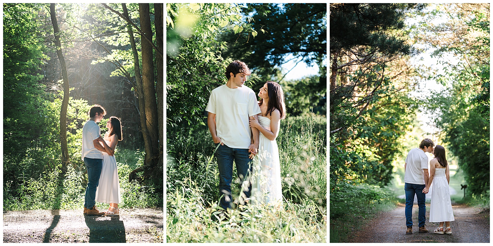 Couple holding hands in a sunlit wooded area