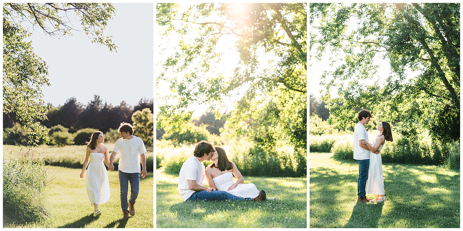 Couple kissing while seated on grass in a sunny park, romantic outdoor couples session