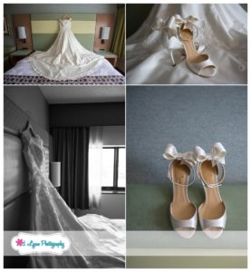 Collage of bridal dress and shoes